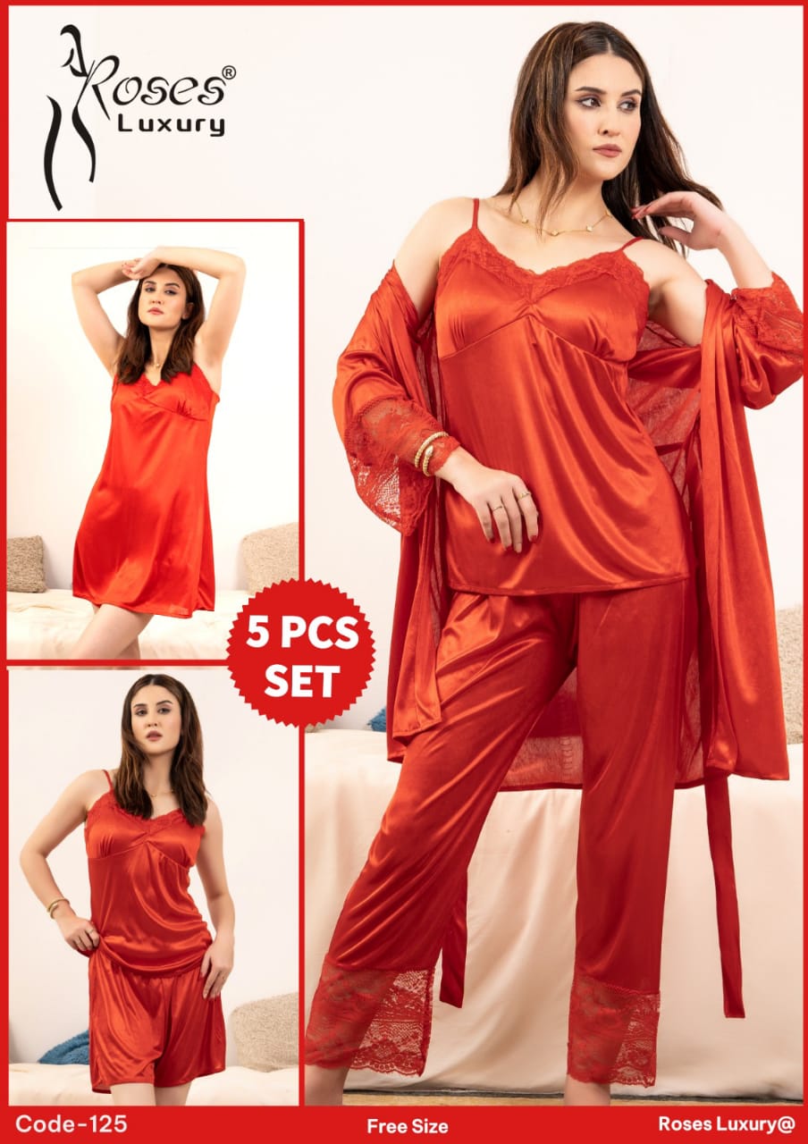 Rose Luxury Silk 5 Pcs Nighty Wear ๐