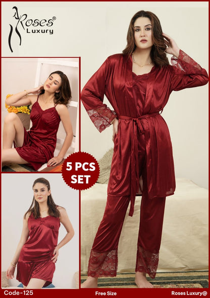 Rose Luxury Silk 5 Pcs Nighty Wear 😍