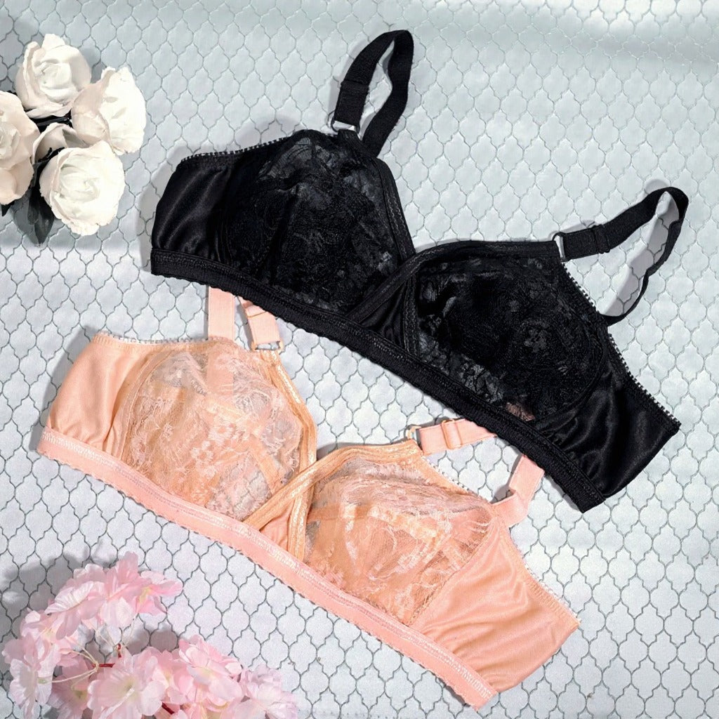 Pack of 2 Net Embroided Non-Padded & Non-Wired Full Net Transparent Cotton Bras 🎁