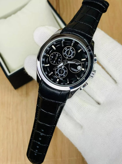 Imported™~Multi Function Chronograph Black Dial & Black Leather Belt Watch 🎁
